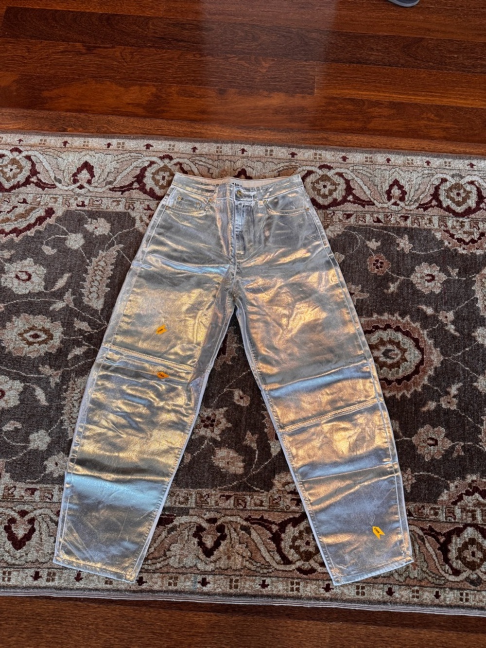 Ganni Metallic Silver Coated Denim Pants